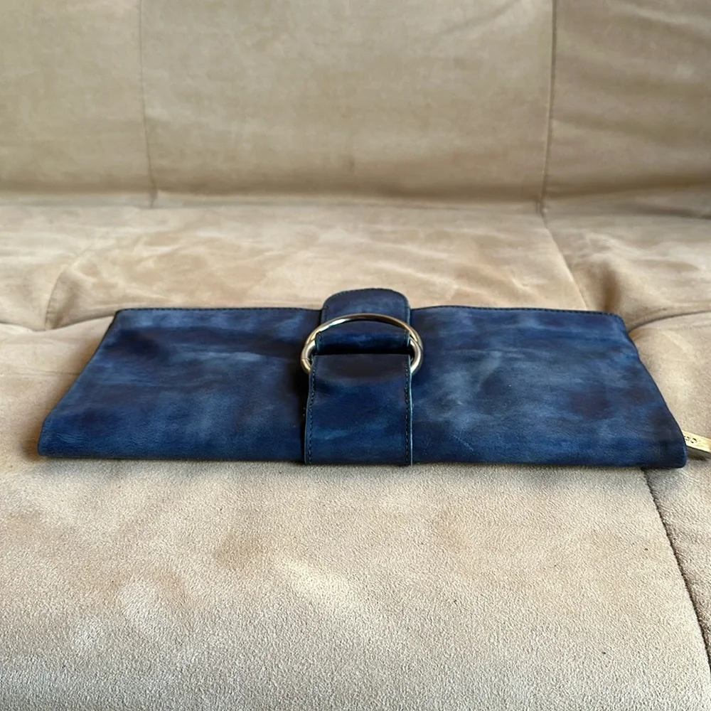HOBO International MADELINE Soft Blue Leather Foldover Clutch Bag w/ Buckle